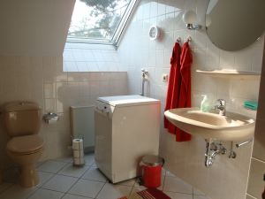 Dusche, Badewanne und WC, Fenster mit Verdunklungsmöglichkeit. Die Waschmaschine steht Ihnen ohne weitere Kosten zur Verfügung. - Bild 12: Ferienwohnung Bandow in Woltersdorf an der Schleuse